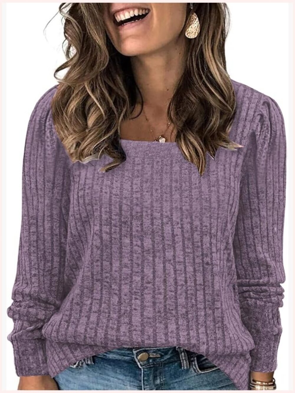 Plus Size Square Neck Long Sleeve Tunic Pullover Top